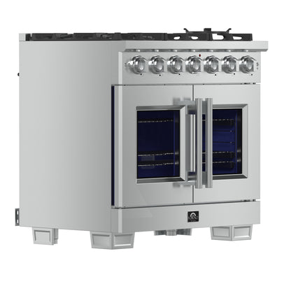Cocina a gas independiente Forno Capriasca de 91 cm con puerta francesa, 6 quemadores, horno de convección y eficiencia energética.