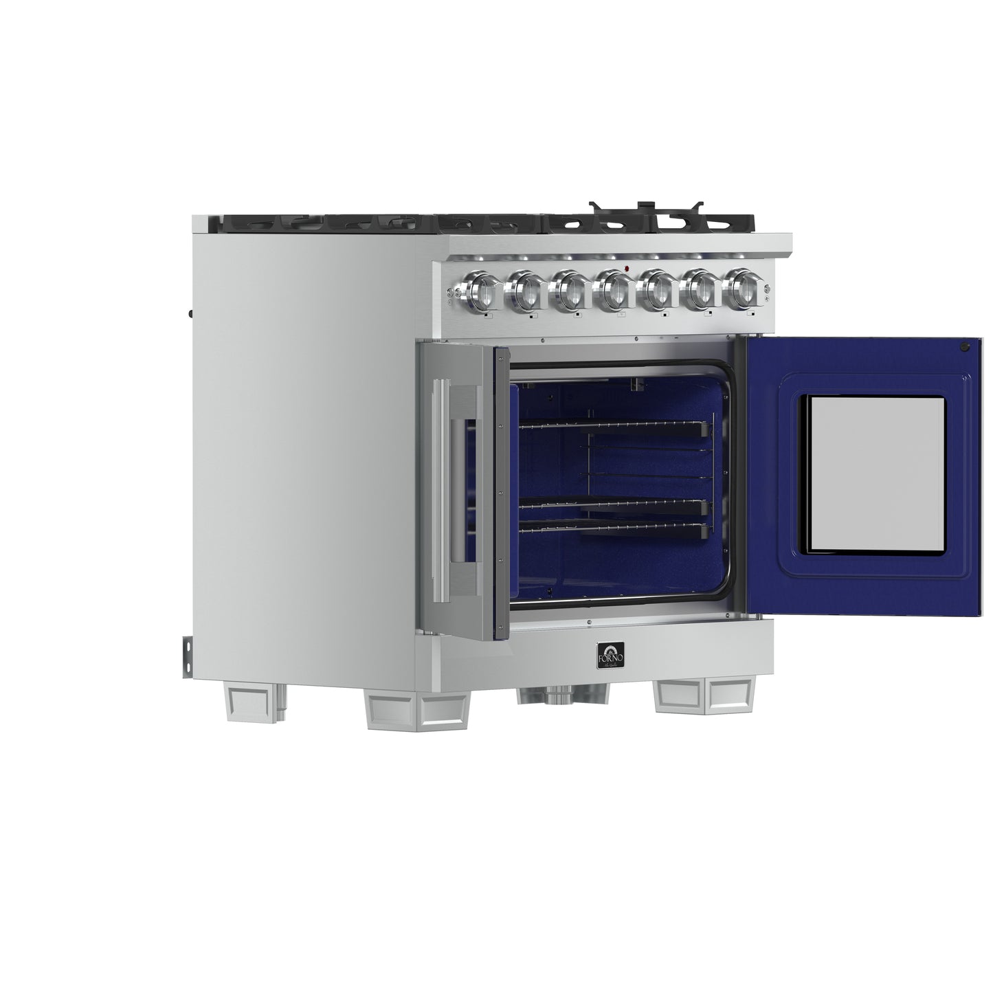 Cocina a gas independiente Forno Capriasca de 91 cm con puerta francesa, 6 quemadores, horno de convección y eficiencia energética.