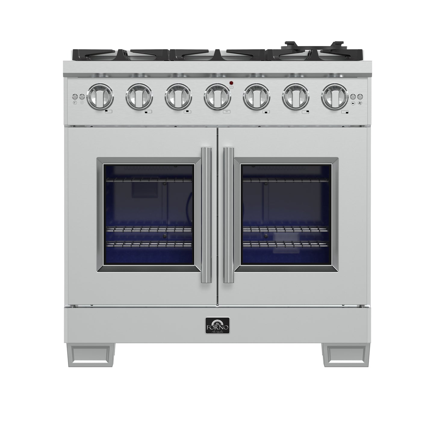 Cocina a gas independiente Forno Capriasca de 91 cm con puerta francesa, 6 quemadores, horno de convección y eficiencia energética.
