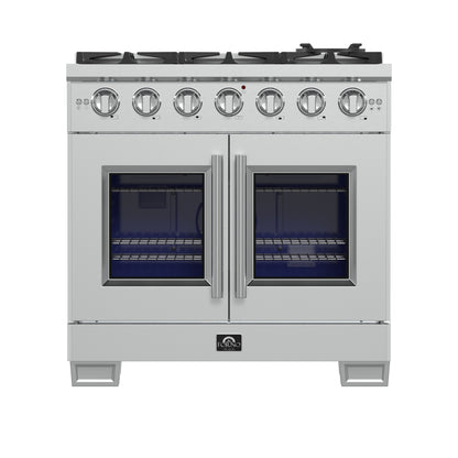 Cocina a gas independiente Forno Capriasca de 91 cm con puerta francesa, 6 quemadores, horno de convección y eficiencia energética.