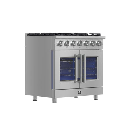 Cocina a gas independiente Forno Massimo de 36 pulgadas con puerta francesa, 6 quemadores, horno de convección y eficiencia energética.