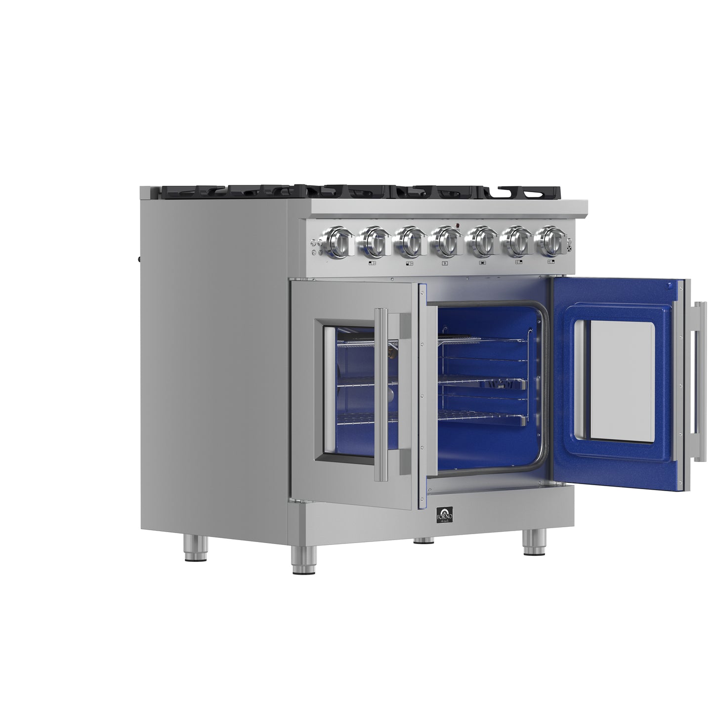 Cocina a gas independiente Forno Massimo de 36 pulgadas con puerta francesa, 6 quemadores, horno de convección y eficiencia energética.