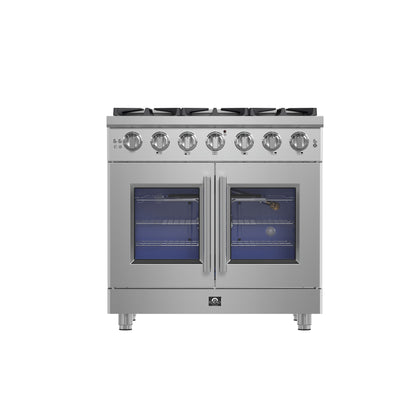 Cocina a gas independiente Forno Massimo de 36 pulgadas con puerta francesa, 6 quemadores, horno de convección y eficiencia energética.