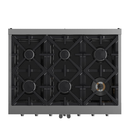 Cocina a gas independiente Forno Massimo de 36 pulgadas con puerta francesa, 6 quemadores, horno de convección y eficiencia energética.