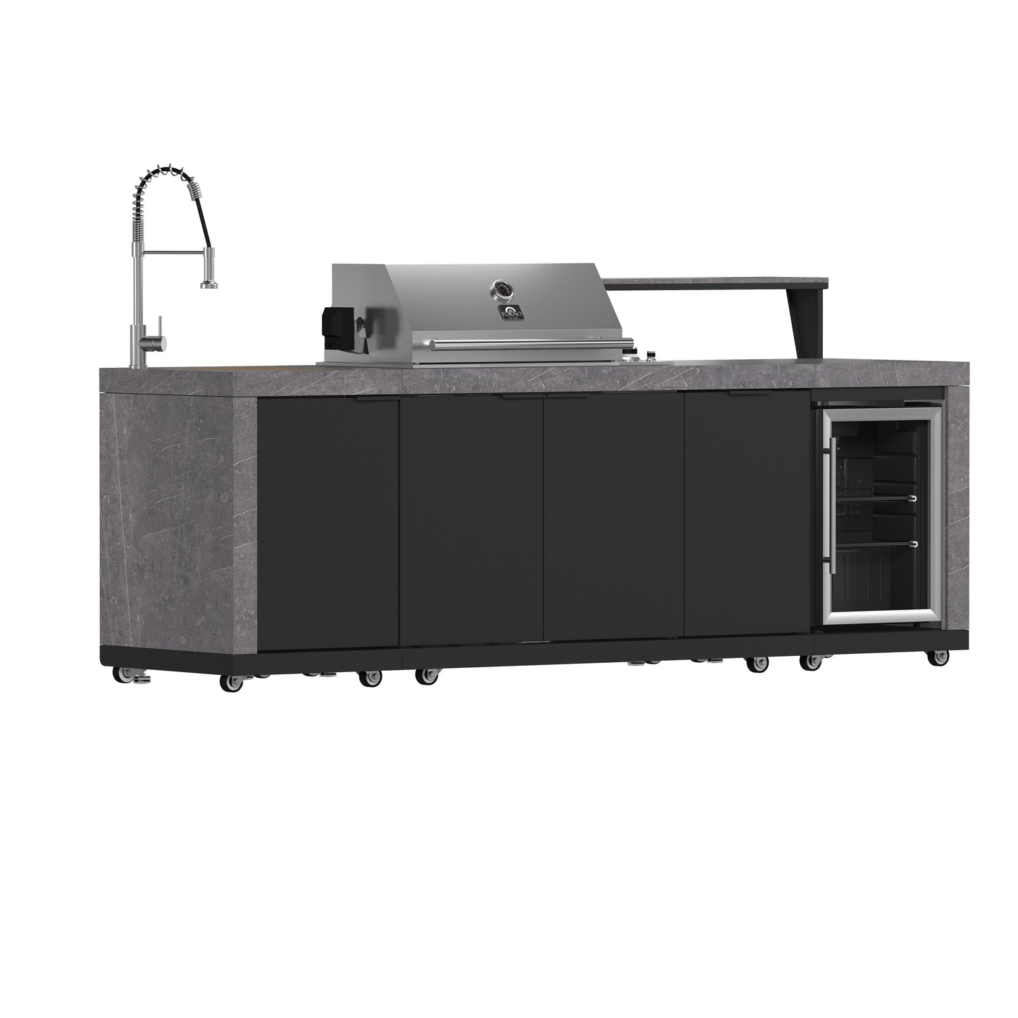 Cocina para exteriores Forno Rimini, barbacoa de 76 cm, 62 600 BTU, 3 quemadores con sellador y asador, centro de bebidas de 0,78 m³, fregadero de acero inoxidable, gabinetes negros y encimera de piedra sinterizada gris.