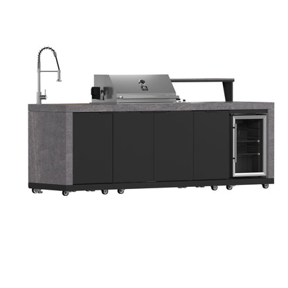 Cocina para exteriores Forno Rimini, barbacoa de 76 cm, 62 600 BTU, 3 quemadores con sellador y asador, centro de bebidas de 0,78 m³, fregadero de acero inoxidable, gabinetes negros y encimera de piedra sinterizada gris.