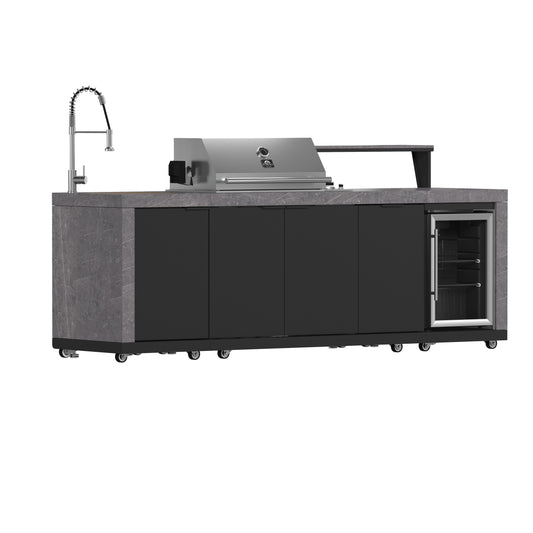 Cocina para exteriores Forno Rimini, barbacoa de 76 cm, 62 600 BTU, 3 quemadores con sellador y asador, centro de bebidas de 0,78 m³, fregadero de acero inoxidable, gabinetes negros y encimera de piedra sinterizada gris.