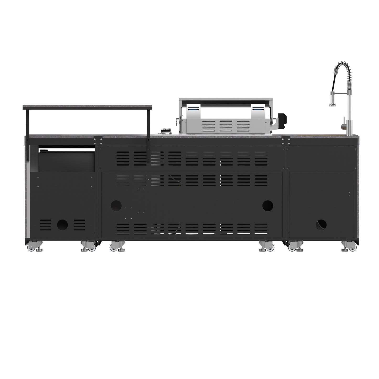 Cocina para exteriores Forno Rimini, barbacoa de 76 cm, 62 600 BTU, 3 quemadores con sellador y asador, centro de bebidas de 0,78 m³, fregadero de acero inoxidable, gabinetes negros y encimera de piedra sinterizada gris.