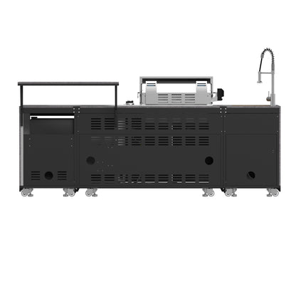 Cocina para exteriores Forno Rimini, barbacoa de 76 cm, 62 600 BTU, 3 quemadores con sellador y asador, centro de bebidas de 0,78 m³, fregadero de acero inoxidable, gabinetes negros y encimera de piedra sinterizada gris.