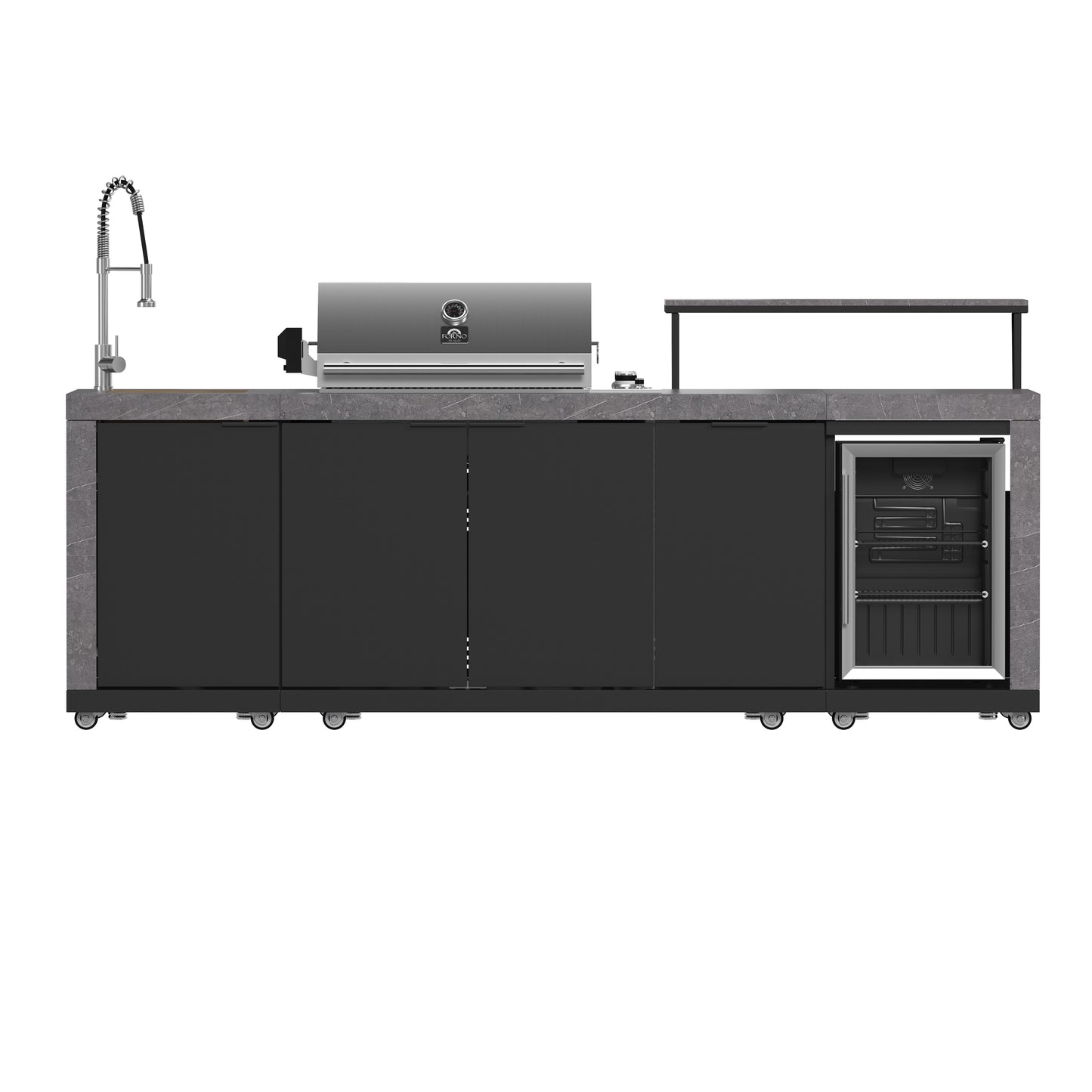 Cocina para exteriores Forno Rimini, barbacoa de 76 cm, 62 600 BTU, 3 quemadores con sellador y asador, centro de bebidas de 0,78 m³, fregadero de acero inoxidable, gabinetes negros y encimera de piedra sinterizada gris.