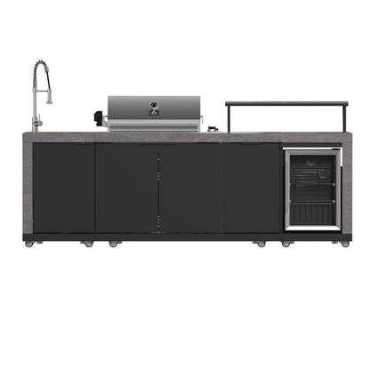 Cocina para exteriores Forno Rimini, barbacoa de 76 cm, 62 600 BTU, 3 quemadores con sellador y asador, centro de bebidas de 0,78 m³, fregadero de acero inoxidable, gabinetes negros y encimera de piedra sinterizada gris.