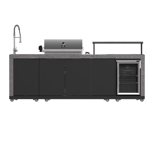 Cocina para exteriores Forno Rimini, barbacoa de 76 cm, 62 600 BTU, 3 quemadores con sellador y asador, centro de bebidas de 0,78 m³, fregadero de acero inoxidable, gabinetes negros y encimera de piedra sinterizada gris.