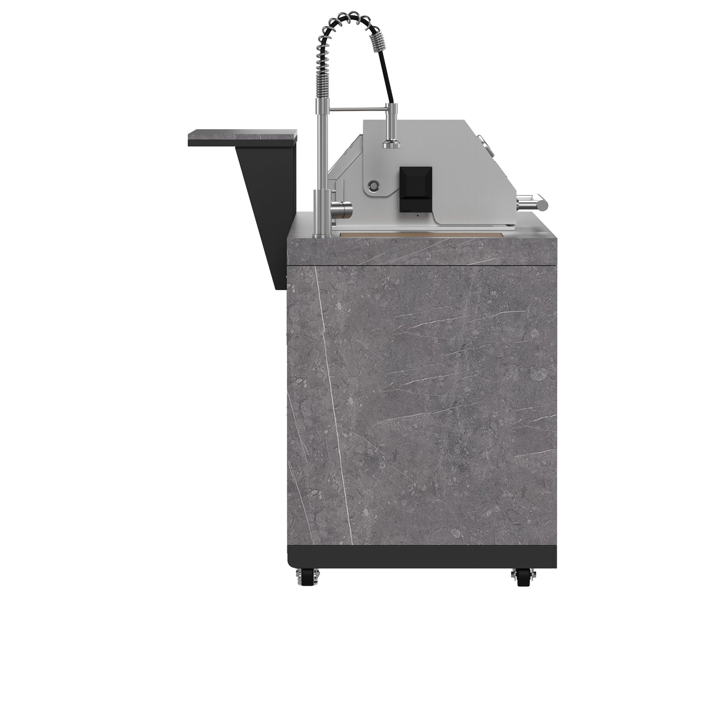 Cocina para exteriores Forno Rimini, barbacoa de 76 cm, 62 600 BTU, 3 quemadores con sellador y asador, centro de bebidas de 0,78 m³, fregadero de acero inoxidable, gabinetes negros y encimera de piedra sinterizada gris.