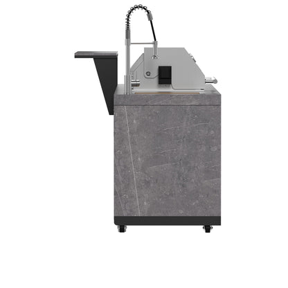 Cocina para exteriores Forno Rimini, barbacoa de 76 cm, 62 600 BTU, 3 quemadores con sellador y asador, centro de bebidas de 0,78 m³, fregadero de acero inoxidable, gabinetes negros y encimera de piedra sinterizada gris.