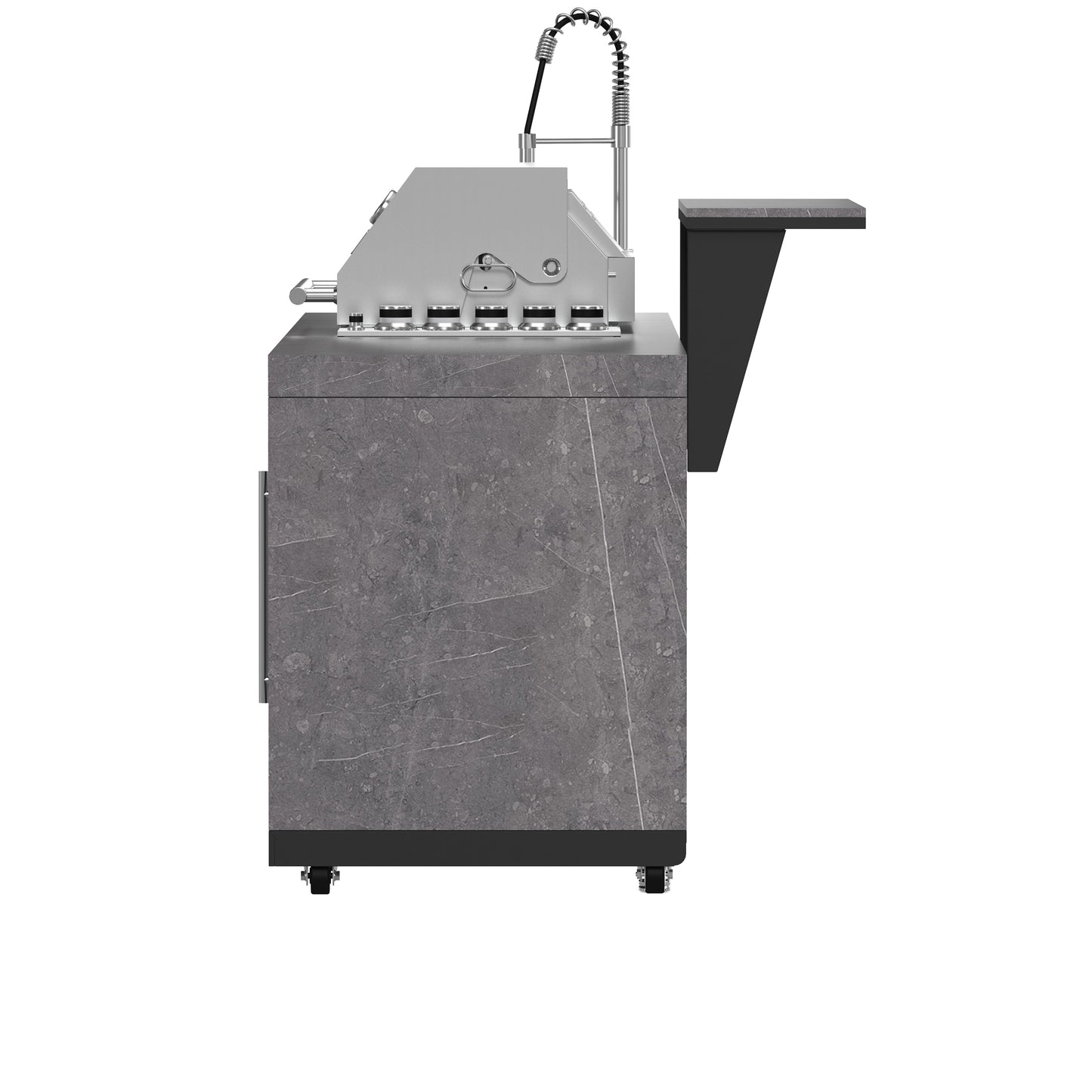 Cocina para exteriores Forno Rimini, barbacoa de 76 cm, 62 600 BTU, 3 quemadores con sellador y asador, centro de bebidas de 0,78 m³, fregadero de acero inoxidable, gabinetes negros y encimera de piedra sinterizada gris.