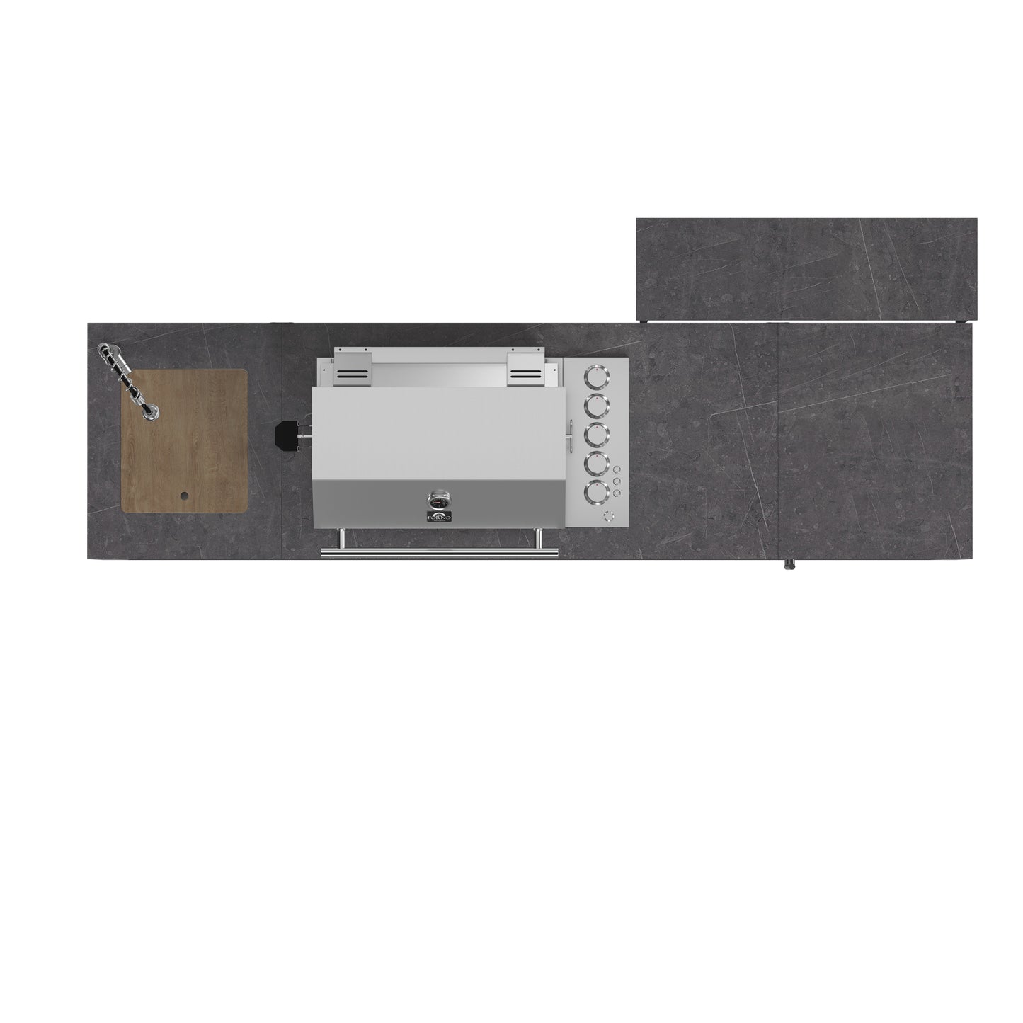 Cocina para exteriores Forno Rimini, barbacoa de 76 cm, 62 600 BTU, 3 quemadores con sellador y asador, centro de bebidas de 0,78 m³, fregadero de acero inoxidable, gabinetes negros y encimera de piedra sinterizada gris.