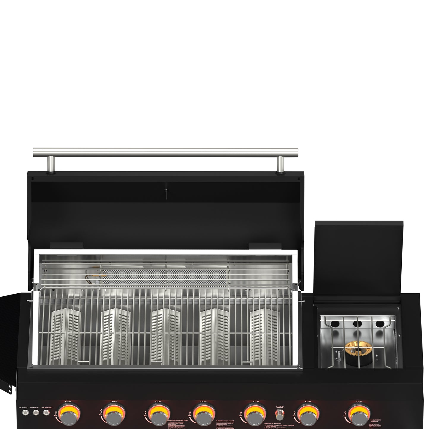 Cocina exterior Forno All'Aperto de 87,600 BTU con 4 quemadores, quemadores infrarrojos, quemador lateral, encimeras de piedra sinterizada negra, horno de pizza a gas, módulo de fregadero, barra y centro de bebidas.