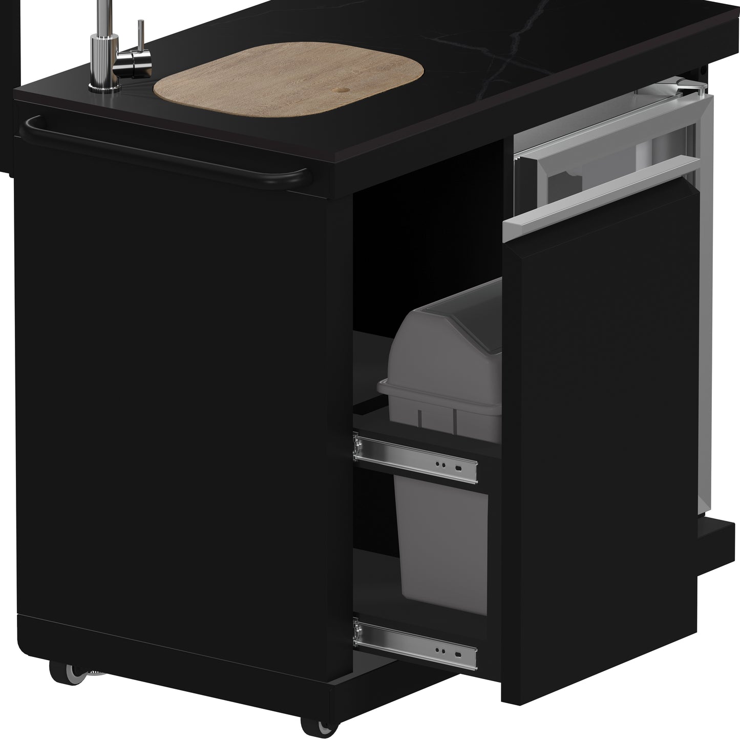 Cocina exterior Forno All'Aperto de 87,600 BTU con 4 quemadores, quemadores infrarrojos, quemador lateral, encimeras de piedra sinterizada negra, horno de pizza a gas, módulo de fregadero, barra y centro de bebidas.