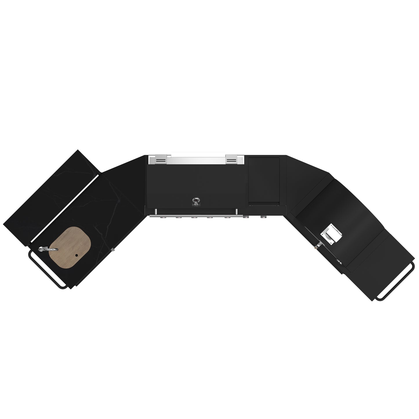 Cocina exterior Forno All'Aperto de 87,600 BTU con 4 quemadores, quemadores infrarrojos, quemador lateral, encimeras de piedra sinterizada negra, horno de pizza a gas, módulo de fregadero, barra y centro de bebidas.