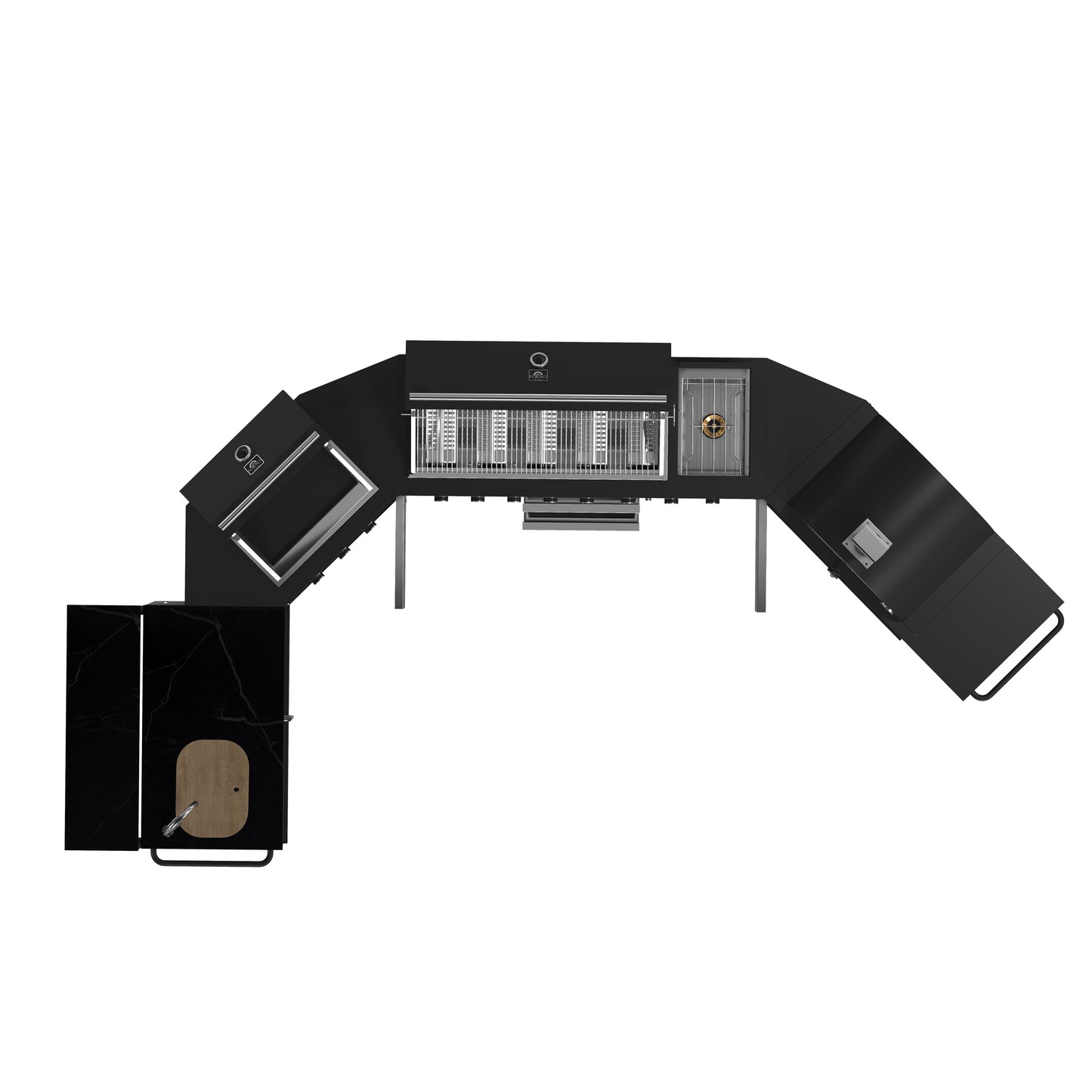 Cocina exterior Forno All'Aperto de 99,600 BTU con 5 quemadores, quemadores infrarrojos, quemador lateral, encimeras de piedra sinterizada negra, horno de pizza a gas, módulo de fregadero, barra y centro de bebidas.
