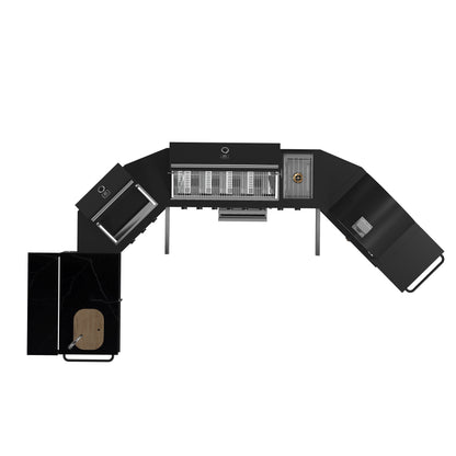 Cocina exterior Forno All'Aperto de 99,600 BTU con 5 quemadores, quemadores infrarrojos, quemador lateral, encimeras de piedra sinterizada negra, horno de pizza a gas, módulo de fregadero, barra y centro de bebidas.