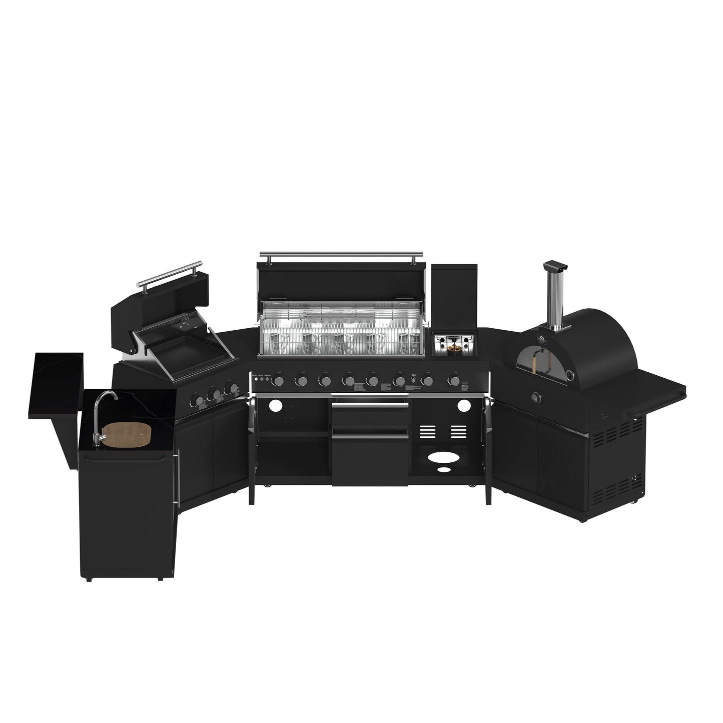 Cocina exterior Forno All'Aperto de 99,600 BTU con 5 quemadores, quemadores infrarrojos, quemador lateral, encimeras de piedra sinterizada negra, horno de pizza a gas, módulo de fregadero, barra y centro de bebidas.