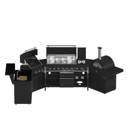 Cocina exterior Forno All'Aperto de 99,600 BTU con 5 quemadores, quemadores infrarrojos, quemador lateral, encimeras de piedra sinterizada negra, horno de pizza a gas, módulo de fregadero, barra y centro de bebidas.