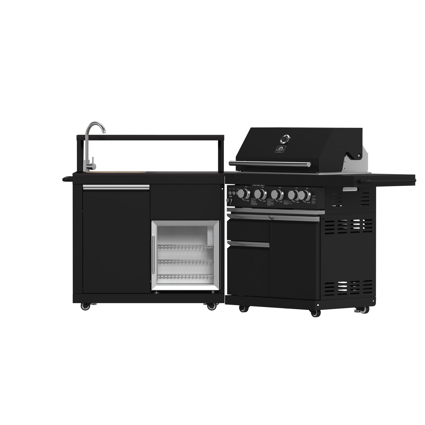 Forno All'Aperto BBQ de 62,600 BTU, 3 quemadores de acero inoxidable, quemadores infrarrojos, módulo de fregadero, encimeras de piedra sinterizada negra, barra y centro de bebidas