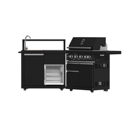 Forno All'Aperto BBQ de 62,600 BTU, 3 quemadores de acero inoxidable, quemadores infrarrojos, módulo de fregadero, encimeras de piedra sinterizada negra, barra y centro de bebidas