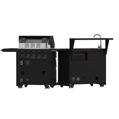 Forno All'Aperto BBQ de 62,600 BTU, 3 quemadores de acero inoxidable, quemadores infrarrojos, módulo de fregadero, encimeras de piedra sinterizada negra, barra y centro de bebidas