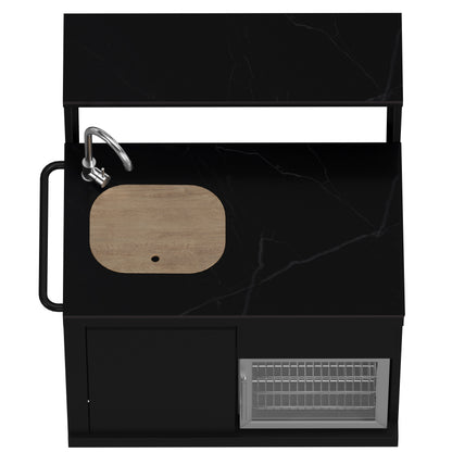 Forno All'Aperto BBQ de 62,600 BTU, 3 quemadores de acero inoxidable, quemadores infrarrojos, módulo de fregadero, encimeras de piedra sinterizada negra, barra y centro de bebidas