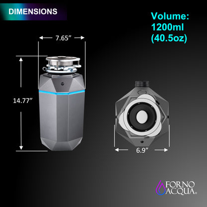 Triturador de basura ultra silencioso FORNO ACQUA BrightDIAMOND Black Onyx de 1 HP con cable, sensor de movimiento, luz de gabinete e interruptor de aire precableado