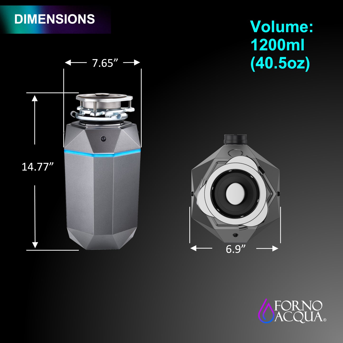 Triturador de basura ultra silencioso FORNO ACQUA BrightDIAMOND Black Onyx de 3/4 HP con cable, sensor de movimiento, luz de gabinete e interruptor de aire precableado