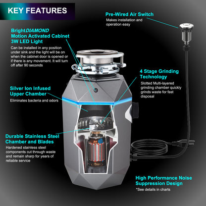 Triturador de basura ultra silencioso FORNO ACQUA BrightDIAMOND Black Onyx de 1 HP con cable, sensor de movimiento, luz de gabinete e interruptor de aire precableado