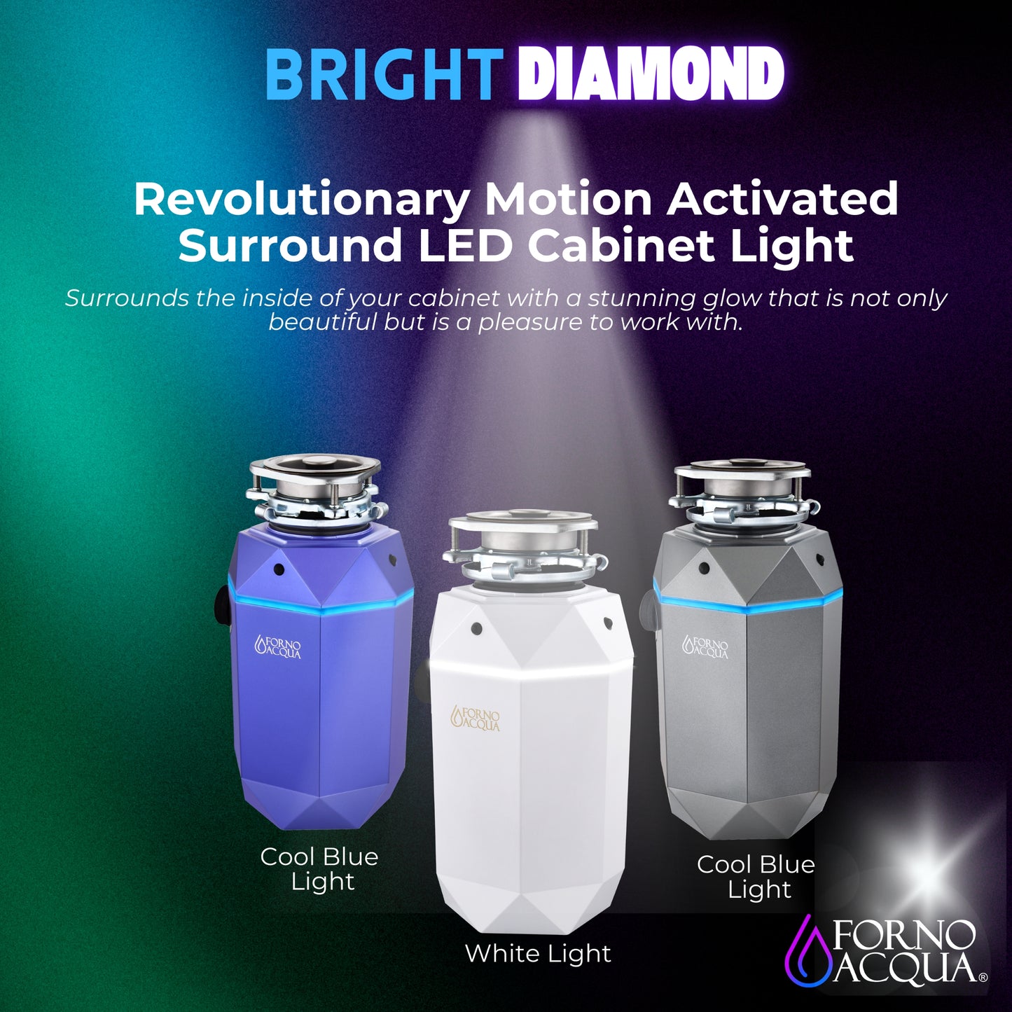 Triturador de basura ultra silencioso FORNO ACQUA BrightDIAMOND Moonstone de 3/4 HP con cable, sensor de movimiento, luz de gabinete e interruptor de aire precableado