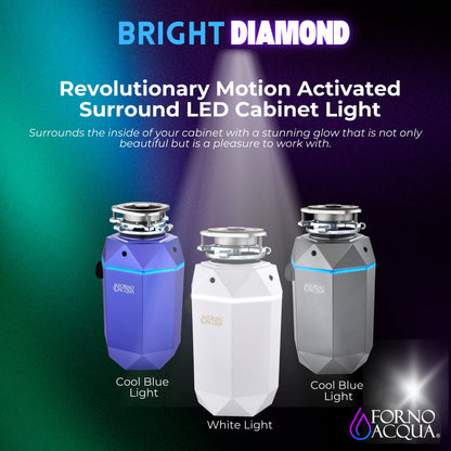 Triturador de basura ultra silencioso FORNO ACQUA BrightDIAMOND Moonstone de 1 HP con cable, sensor de movimiento, luz de gabinete e interruptor de aire precableado