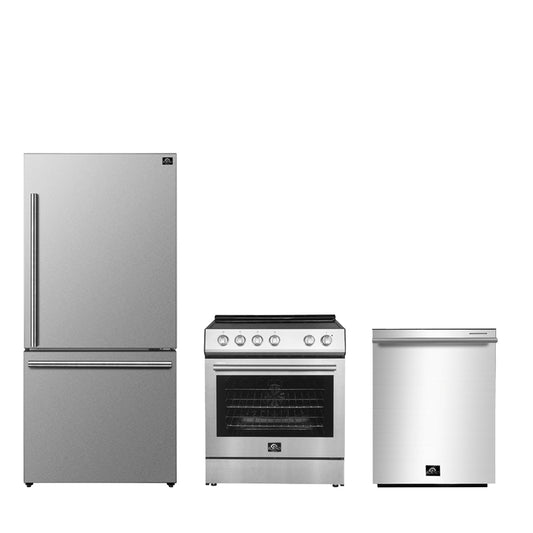 FORNO Premium 3-Piece Kitchen Bundle - Leonardo Espresso 30" Stainless Steel Range, 31" Stainless Steel Bottom Freezer Refrigerator, 24" Stainless Steel Dishwasher - FBDL-007-01CA