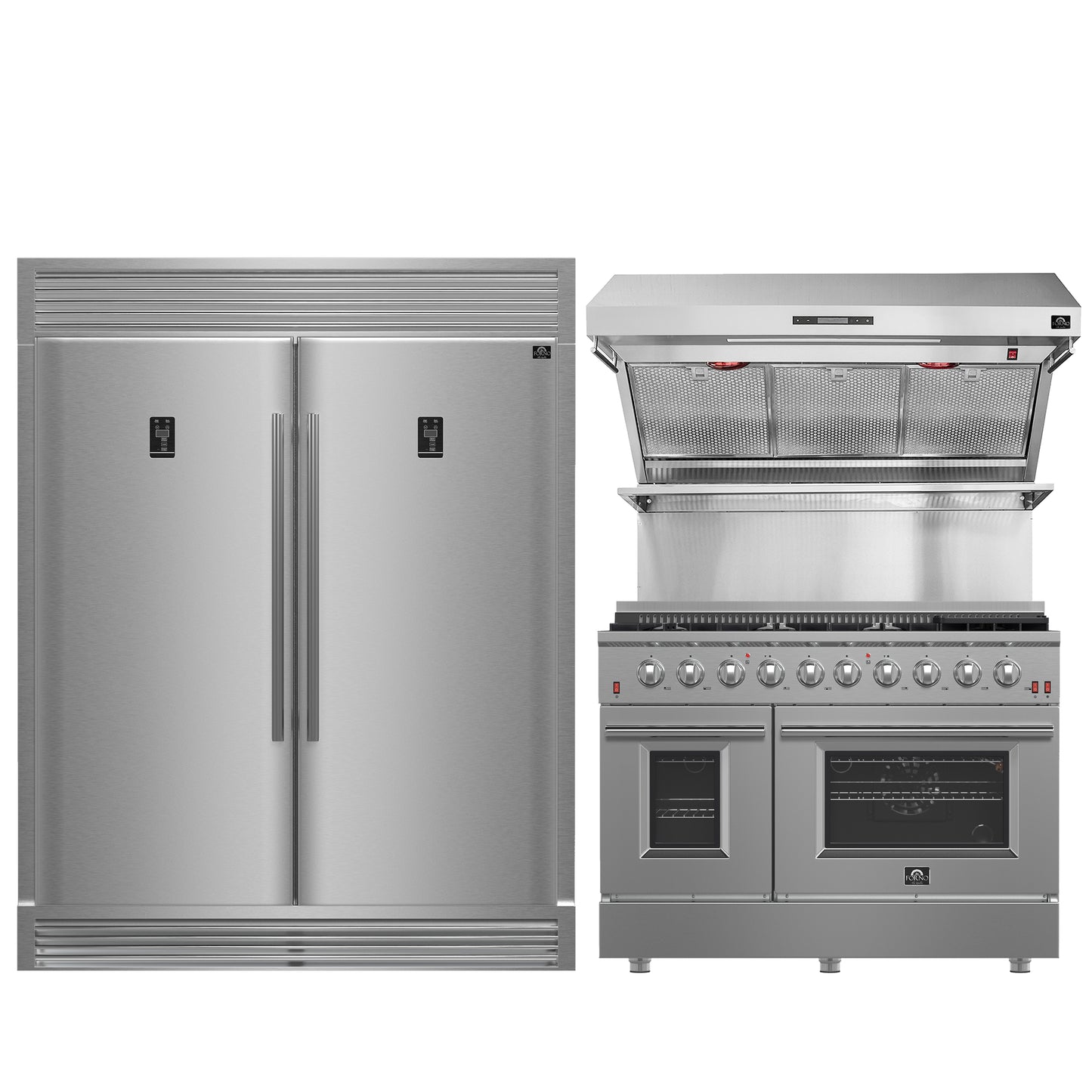 Ensemble de cuisine 3 pièces Premium FORNO : cuisinière à gaz autonome FORNO Galiano 48 po, réfrigérateur convertible double combiné FORNO Rizzuto 60 po, hotte murale FORNO 48 po (FBDL-018-02US)