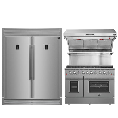 Ensemble de cuisine 3 pièces Premium FORNO : cuisinière à gaz autonome FORNO Galiano 48 po, réfrigérateur convertible double combiné FORNO Rizzuto 60 po, hotte murale FORNO 48 po (FBDL-018-02US)