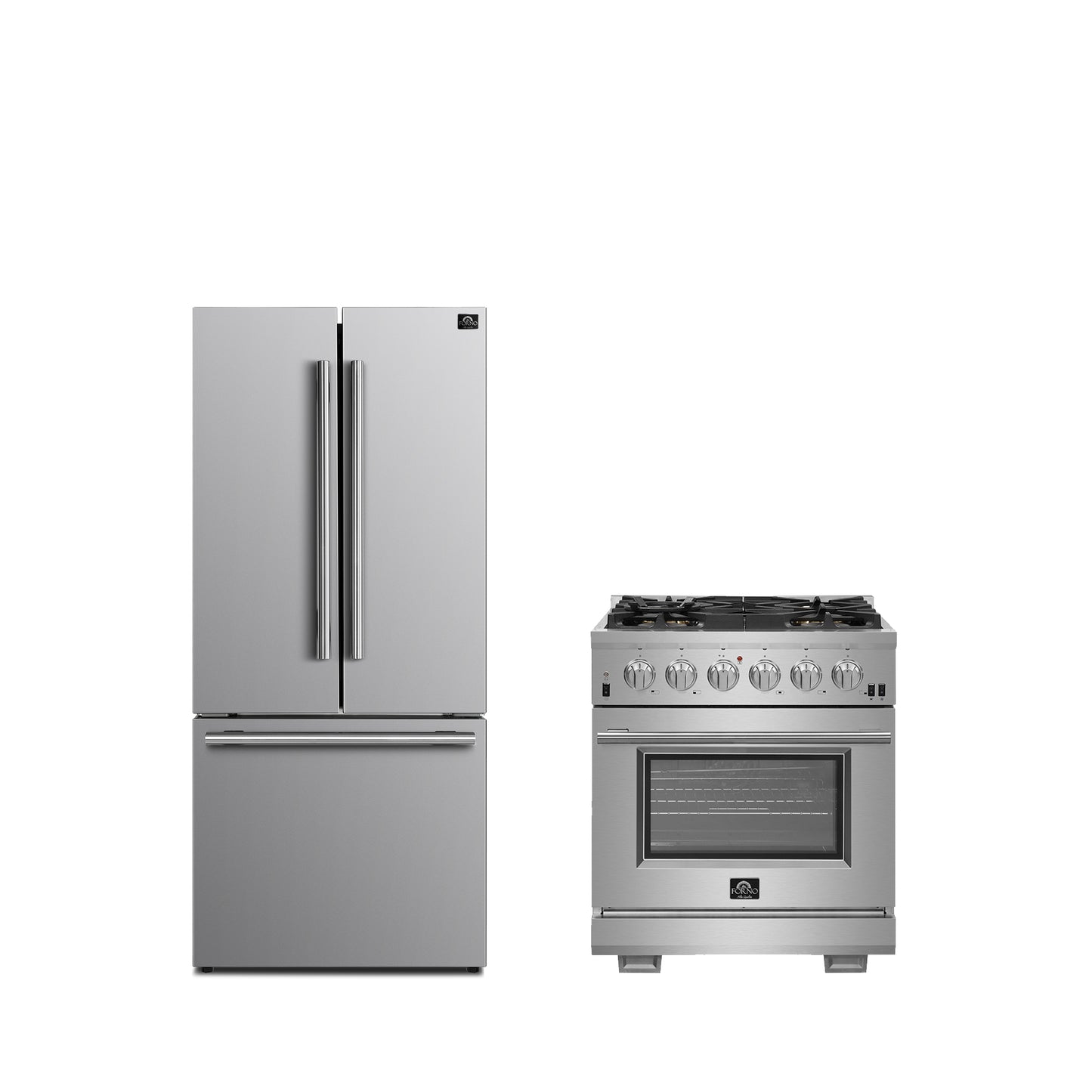 Conjunto de cocina premium de 2 piezas FORNO: cocina Capriasca de acero inoxidable de 30", refrigerador Forno Gallipoli de 30" con puerta francesa y congelador inferior, capacidad de 17.5 pies cúbicos - FBDL-019-01CAUS