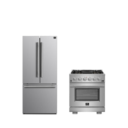 Conjunto de cocina premium de 2 piezas FORNO: cocina Capriasca de acero inoxidable de 30", refrigerador Forno Gallipoli de 30" con puerta francesa y congelador inferior, capacidad de 17.5 pies cúbicos - FBDL-019-01CAUS