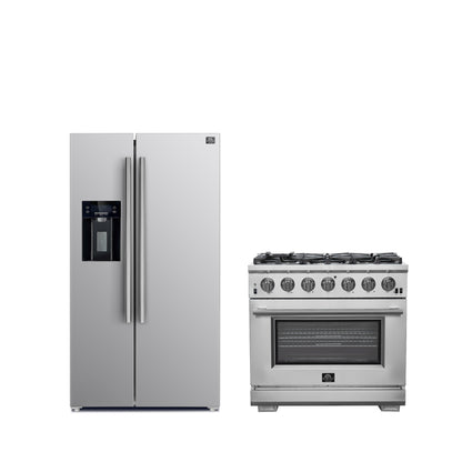 Conjunto de cocina premium de 2 piezas FORNO: cocina Capriasca de acero inoxidable de 91 cm y refrigerador Forno Salerno de acero inoxidable de 91 cm y 20 pies cúbicos - FBDL-019-02CAUS