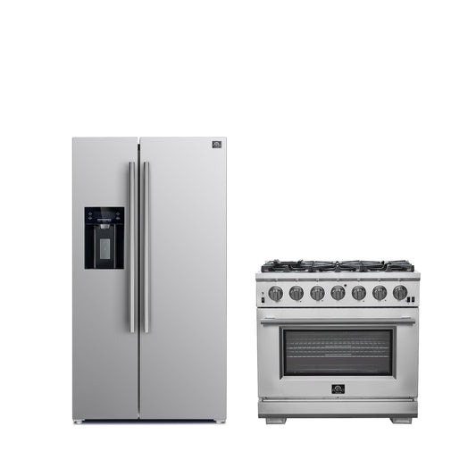 Conjunto de cocina premium de 2 piezas FORNO: cocina Capriasca de acero inoxidable de 91 cm y refrigerador Forno Salerno de acero inoxidable de 91 cm y 20 pies cúbicos - FBDL-019-02CAUS