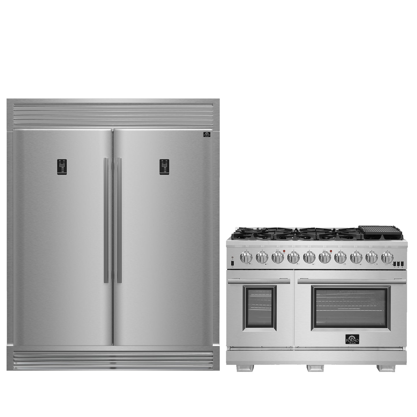 Conjunto de cocina premium de 2 piezas FORNO: Cocina Capriasca de acero inoxidable de 48", refrigerador convertible Rizzuto de 60" de ancho - FBDL-019-04CAUS
