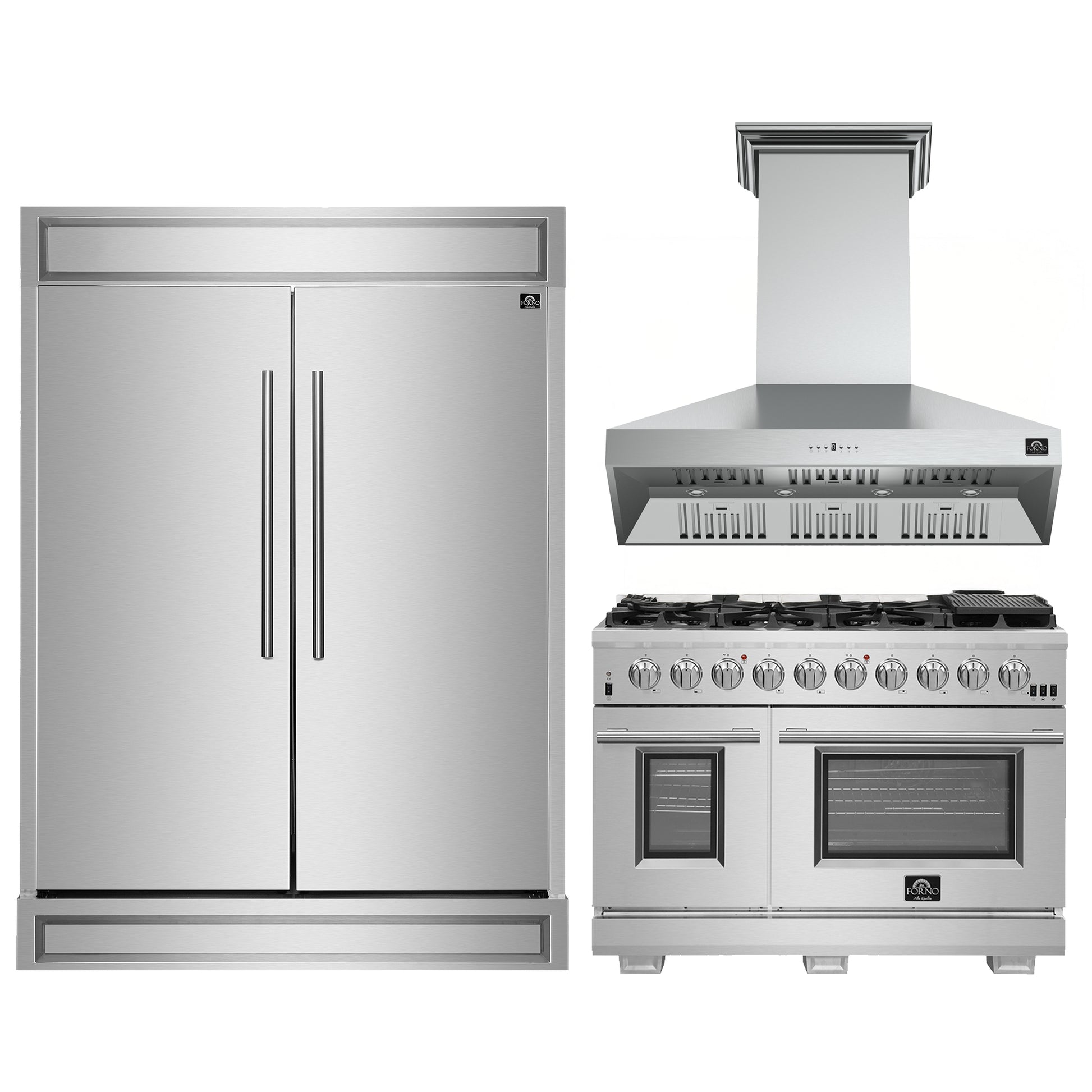FORNO Premium 3-Piece Kitchen Bundle - FORNO Capriasca 48" Freestanding Gas Range, FORNO Maderno 60" 2-Piece Convertible Refrigerator/Freezer Built-In with Decorative Grill Trim, 27.2 cu.ft., FORNO Orvieto 48" Wall Mount Range Hood - FBDL-019-07CAUS - Forno Appliances