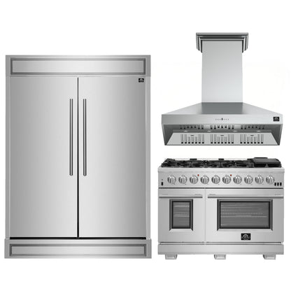 FORNO Premium 3-Piece Kitchen Bundle - FORNO Capriasca 48" Freestanding Gas Range, FORNO Maderno 60" 2-Piece Convertible Refrigerator/Freezer Built-In with Decorative Grill Trim, 27.2 cu.ft., FORNO Orvieto 48" Wall Mount Range Hood - FBDL-019-07CAUS - Forno Appliances