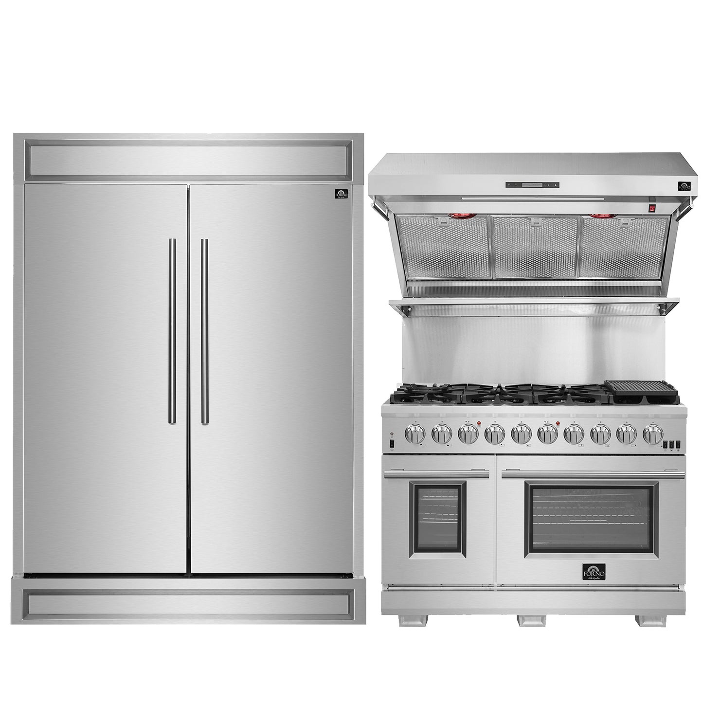 FORNO Premium 3-Piece Kitchen Bundle - FORNO Capriasca 48" Freestanding Gas Range, FORNO Maderno 60" 2-Piece Convertible Refrigerator/Freezer Built-In with Decorative Grill Trim, 27.2 cu.ft., FORNO Orvieto 48" Wall Mount Range Hood - FBDL-019-07CAUS