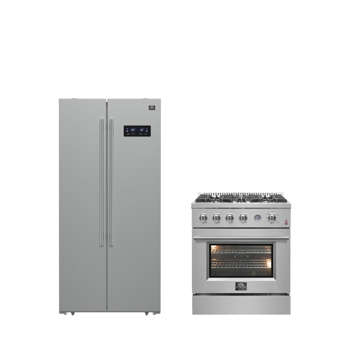 Conjunto de cocina premium de 2 piezas FORNO: cocina a gas Marco de 30 pulgadas en acero inoxidable, refrigerador Forno Salerno de 33 pulgadas de acero inoxidable de 15.6 pies cúbicos - FBDL-021-01CAUS