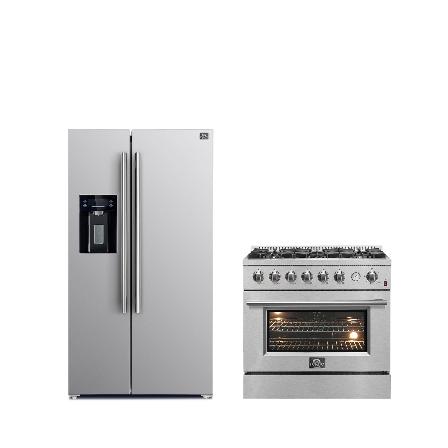 Conjunto de cocina premium de 2 piezas FORNO: cocina a gas Marco de 30 pulgadas en acero inoxidable, refrigerador Forno Salerno de 36 pulgadas de acero inoxidable de 20 pies cúbicos - FBDL-021-03CAUS