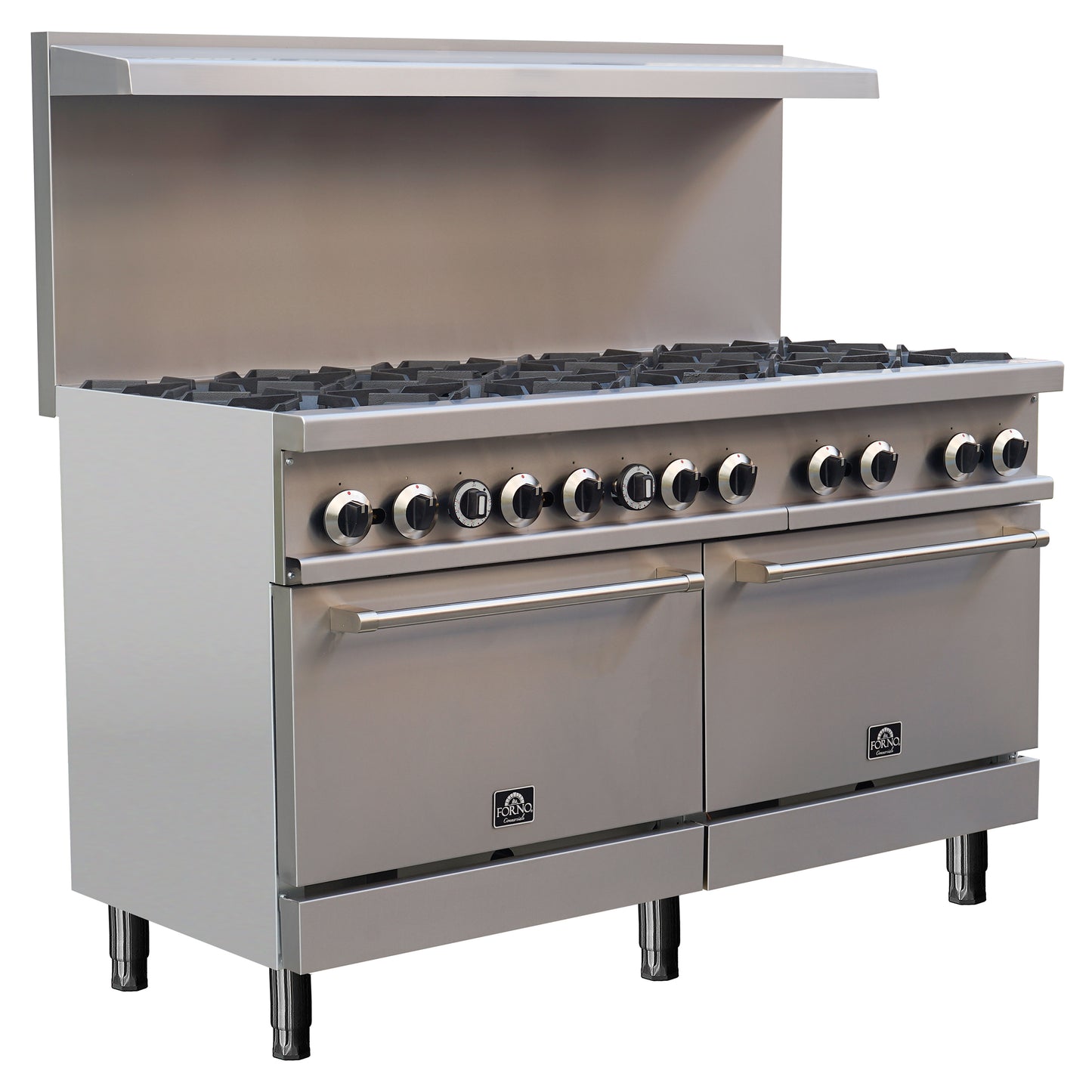 Forno Commerciale 60 Inch Stainless Steel Gas Range, 10 Burners 300,000 BTU Total, 9.3 cu.ft. Ovens - Forno Appliances